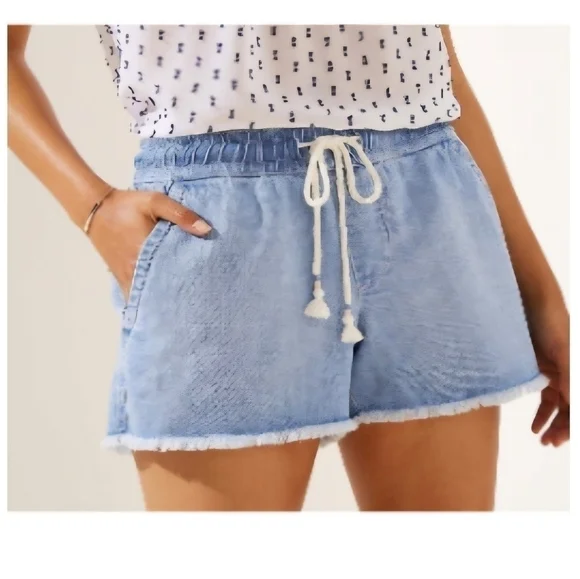 NWOT | Ann Taylor LOFT | Linen Pull-On Tassel Shorts | Medium | Light Chambray - Picture 3 of 13